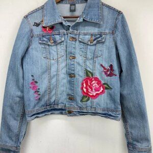 Tixi size Large Women’s Blue Denim Floral Embroidered Button Up Jean Jacket